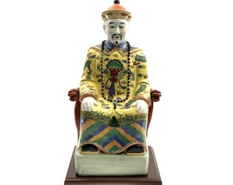 Emperor Large Statue on Wooden Base Vintage Oriental Asian Porcelain Figurine Decor