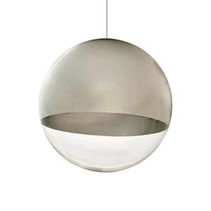 May include: A spherical pendant light fixture featuring a polished metallic upper half with a reflective silver finish and a clear, transparent glass lower half, suspended from a thin white cord against a plain white background.