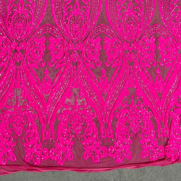 Alaina HOT PINK Curlicue Sequins on Mesh Lace Fabric by the Yard - 10018