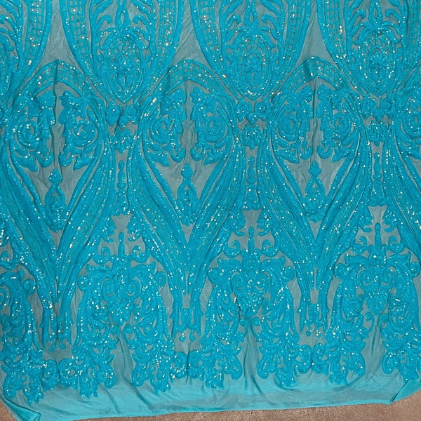 Alaina AQUA Curlicue Sequins on Mesh Lace Fabric by the Yard - 10018