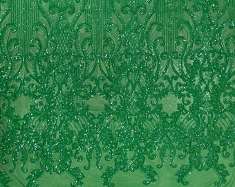 Angelica GREEN Curlicues and Leaves Sequins on Mesh Lace Fabric by the Yard - 10132