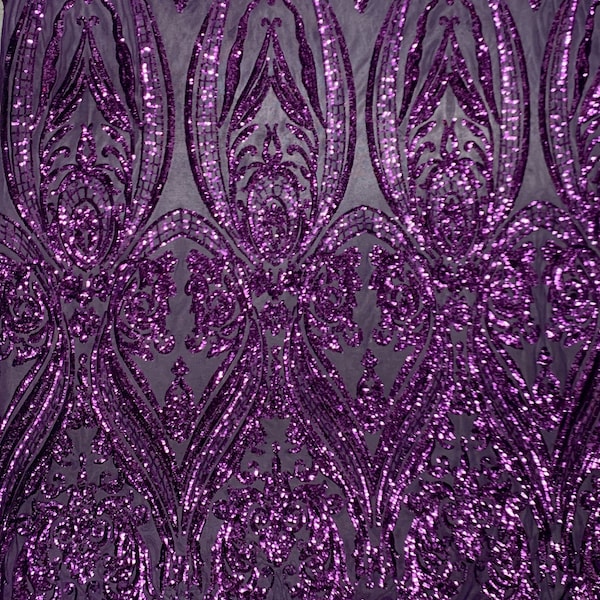 Alaina PLUM Curlicue Sequins on Mesh Lace Fabric by the Yard - 10018