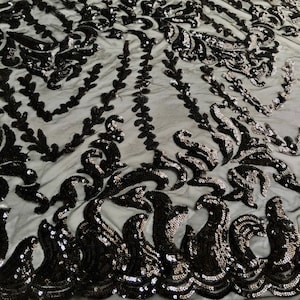 Miranda BLACK Vines and Leaves Sequins on BLACK Mesh Lace Fabric by the Yard - 10061