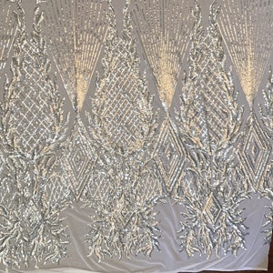 Francesca SILVER Vines and Diamonds Pattern Sequins on WHITE Mesh Lace Fabric by the Yard - 10130