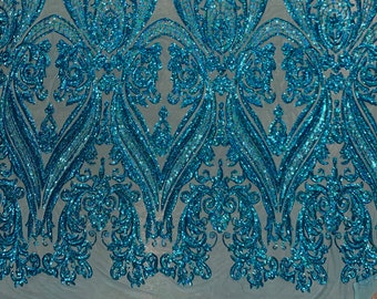 Alaina IRIDESCENT TURQUOISE Curlicue Sequins on Mesh Lace Fabric by the Yard - 10018