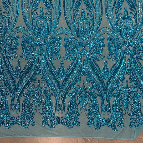 Alaina IRIDESCENT TURQUOISE Curlicue Sequins on Mesh Lace Fabric by the Yard - 10018