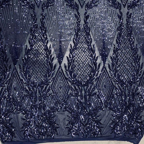 Francesca NAVY BLUE Vines and Diamonds Pattern Sequins on Mesh Lace Fabric by the Yard - 10130