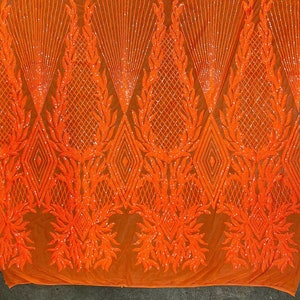 Francesca BRIGHT ORANGE Vines and Diamonds Pattern Sequins on Mesh Lace Fabric by the Yard - 10130