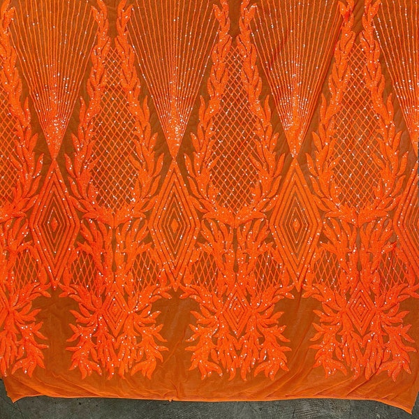 Francesca BRIGHT ORANGE Vines and Diamonds Pattern Sequins on Mesh Lace Fabric by the Yard - 10130