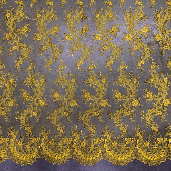 Melody BRIGHT YELLOW Polyester Floral Embroidery with Sequins on Mesh Lace Fabric by the Yard for Gown, Wedding, Bridesmaid, Prom - 10002