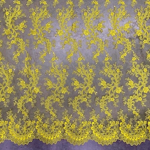 Melody YELLOW Polyester Floral Embroidery with Sequins on Mesh Lace Fabric by the Yard for Gown, Wedding, Bridesmaid, Prom - 10002