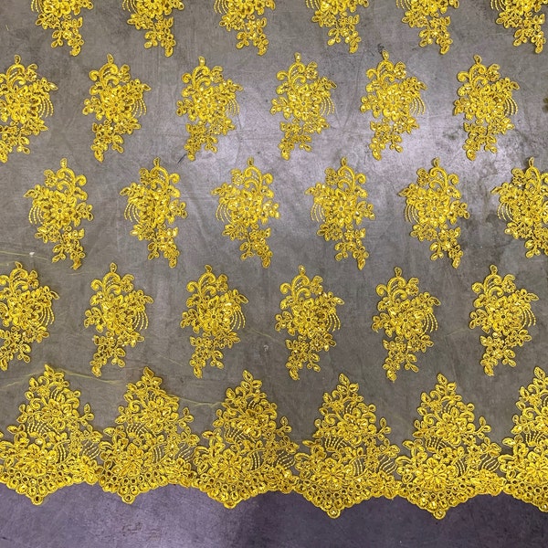 Brianna BRIGHT YELLOW Polyester Floral Embroidery with Sequins on Mesh Lace Fabric by the Yard - 10020