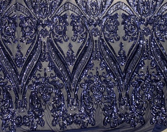 Alaina NAVY BLUE Curlicue Sequins on Mesh Lace Fabric by the Yard - 10018