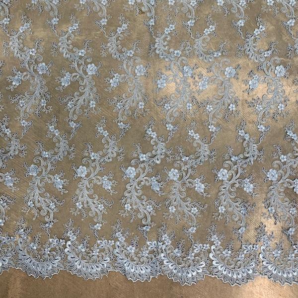 Melody LIGHT BLUE Polyester Floral Embroidery with Sequins on Mesh Lace Fabric for Gown, Wedding, Bridesmaid, Prom, Crafts - 10002