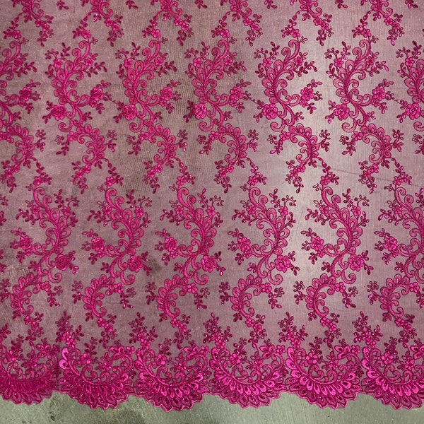 Melody HOT PINK Polyester Floral Embroidery with Sequins on Mesh Lace Fabric by the Yard for Gown, Wedding, Bridesmaid, Prom - 10002