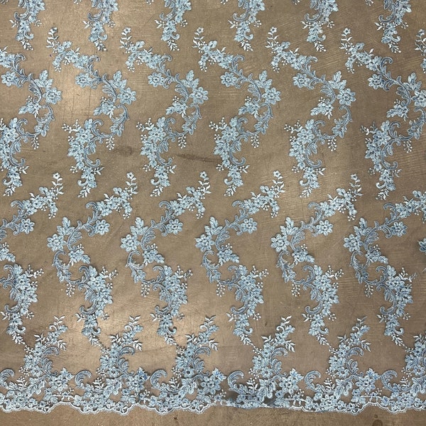 Cristina LIGHT BLUE Polyester Floral Embroidery with Sequins on Mesh Lace Fabric by the Yard for Gown, Wedding, Bridesmaid, Prom - 10076