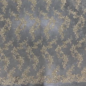 Cristina CHAMPAGNE Polyester Floral Embroidery with Sequins on Mesh Lace Fabric by the Yard for Gown, Wedding, Bridesmaid, Prom - 10076