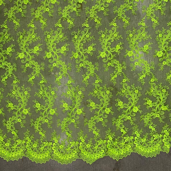 Melody NEON LIME GREEN Polyester Floral Embroidery with Sequins on Mesh Lace Fabric by the Yard for Gown, Wedding, Bridesmaid, Prom - 10002