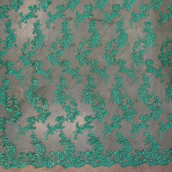 Cristina KELLY GREEN Polyester Floral Embroidery with Sequins on Mesh Lace Fabric by the Yard for Gown, Wedding, Bridesmaid, Prom - 10076