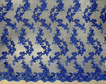 Cristina ROYAL BLUE Polyester Floral Embroidery with Sequins on Mesh Lace Fabric by the Yard for Gown, Wedding, Bridesmaid, Prom - 10076