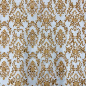Helena-B GOLD Embroidered Damask Pattern with Faux Pearls and Beads on Mesh Lace Fabric by the Yard - 10225