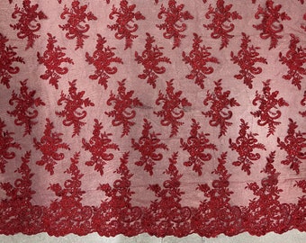 Bordado floral de poliéster Tess BURGUNDY con lentejuelas sobre tela de encaje de malla cortada a medida - 10216