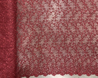 Tela de encaje de malla Braelyn BURGUNDY con bordado floral de poliéster y lentejuelas, cortada a medida para vestidos, bodas, damas de honor y bailes de graduación - 10166