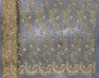 Melody GOLD Polyester Floral Embroidery with Sequins on Mesh Lace Fabric by the Yard for Gown, Wedding, Bridesmaid, Prom - 10002