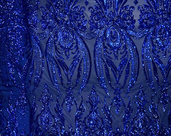 Alaina ROYAL BLUE Curlicue Sequins on Mesh Lace Fabric by the Yard - 10018