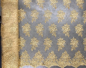 Brianna GOLD Polyester Floral Embroidery with Sequins on Mesh Lace Fabric by the Yard - 10020