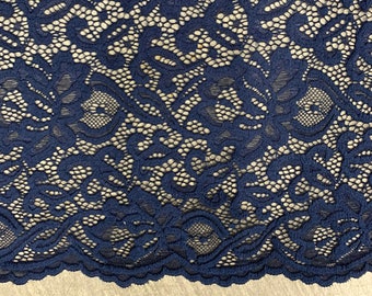 Elaine NAVY BLUE Floral Scalloped Nylon Spandex Stretch Lace Light Weight Fabric for Clothes, Lingerie, Costumes, Decorations, Crafts