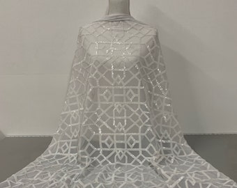 Meredith WHITE Trellis Pattern Sequins on Mesh Lace Fabric by the Yard - 10146