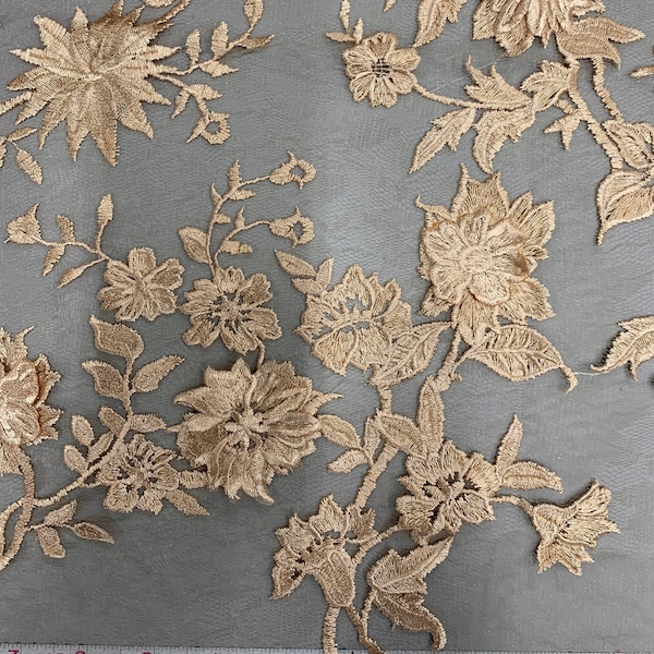 Nina BEIGE Tessuto in pizzo a rete con ricamo floreale 3D in poliestere tagliato su misura - 10032