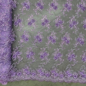 Ryleigh LAVENDER 3D Floral Embroidery with Foil & Sequins on Mesh Lace Fabric by the Yard - 10010