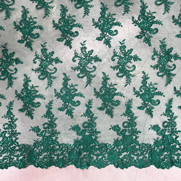 Tess EMERALD GREEN Polyester Floral Embroidery with Sequins on Mesh Lace Fabric by the Yard - 10216