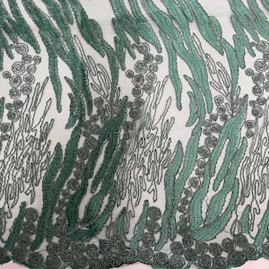 Katelyn HUNTER GREEN Vines and Swirls Corded Embroidery on Mesh Fabric by the Yard - 10045