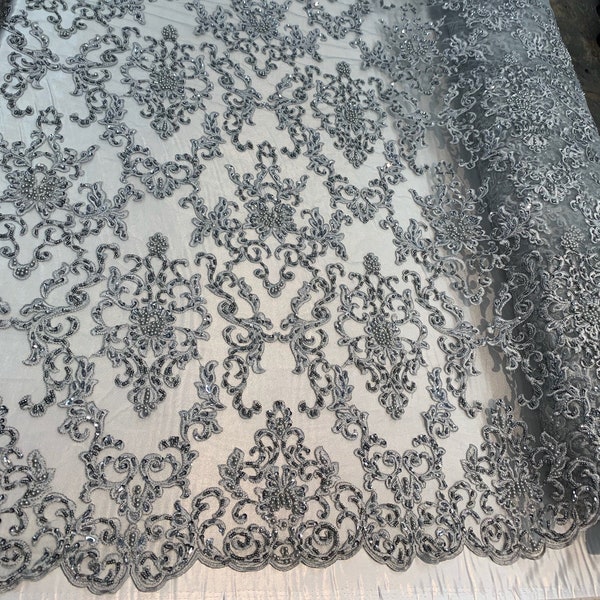 Helena GREY Embroidered Damask Pattern with Faux Pearls and Beads on Mesh Lace Fabric by the Yard - 10139