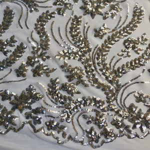 Erin SILVER Flowers and Leaves Sequins on Mesh Lace Fabric by the Yard - 10063