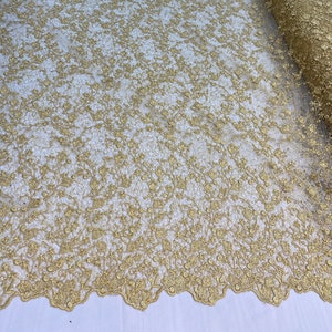 Braelyn GOLD Polyester Floral Embroidery with Sequins on Web Mesh Lace Fabric by the Yard for Gown, Wedding, Bridesmaid, Prom - 10166