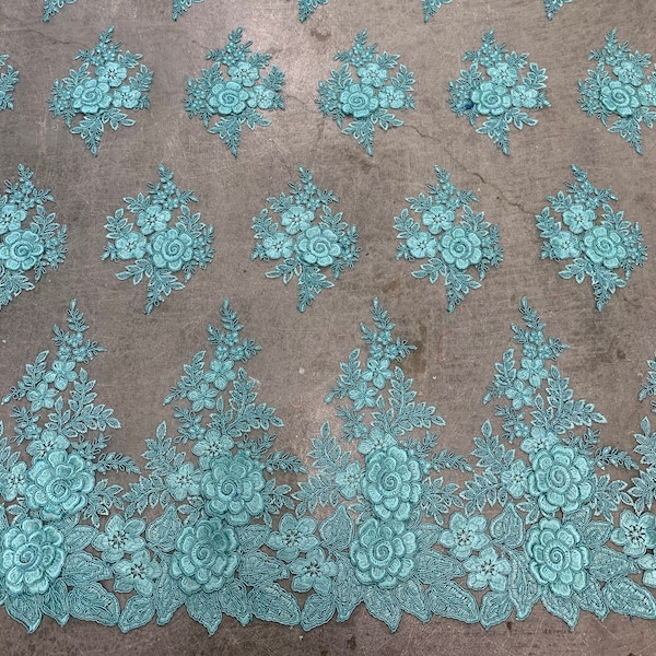 Alessia AQUA Polyester 3D Floral Embroidery on Mesh Lace Fabric by the Yard - 10174