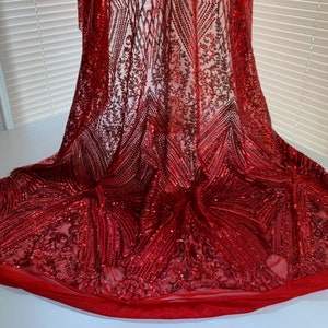 Averie RED Geometric Butterfly Sequins on Mesh Lace Fabric by the Yard - 10113