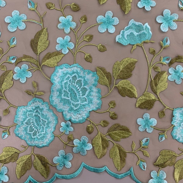 Iris TURQUOISE Blumen und Blätter Stickerei auf Mesh Lace Fabric Bulk-Lager - 10006