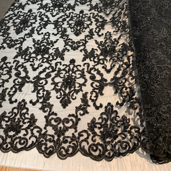 Helena-B BLACK Embroidered Damask Pattern with Faux Pearls and Beads on Mesh Lace Fabric by the Yard - 10225