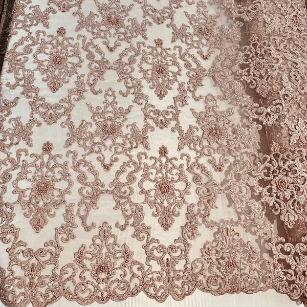 Helena DUSTY PINK Embroidered Damask Pattern with Faux Pearls and Beads on Mesh Lace Fabric by the Yard - 10139