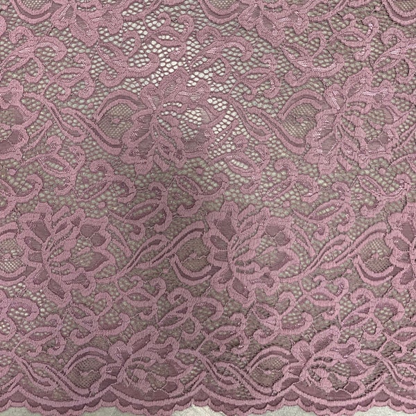 Elaine VIOLET MAUVE Floral Scalloped Nylon Spandex Stretch Lace Light Weight Fabric for Clothes, Lingerie, Costumes, Decorations, Crafts