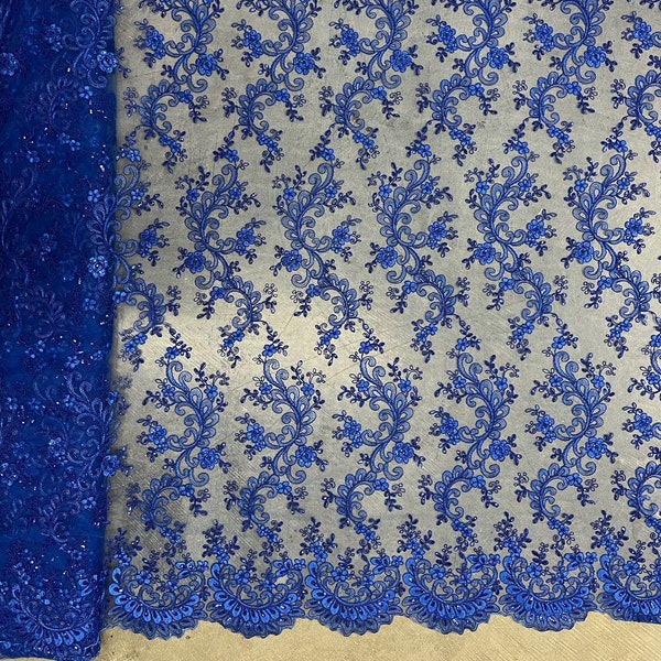 Melody ROYAL BLUE Polyester Floral Embroidery with Sequins on Mesh Lace Fabric by the Yard for Gown, Wedding, Bridesmaid, Prom - 10002