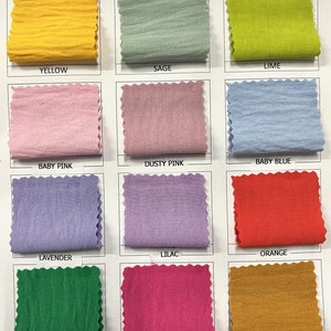 May include: Swatch card with 12 fabric samples in various colors, including yellow, sage, lime, baby pink, dusty pink, baby blue, lavender, lilac, orange, kelly green, hot pink, and mustard.