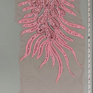 Angela PINK Vegas Peacock Beaded Sequins Embroidered on Mesh Lace Fabric by Panel - 10227