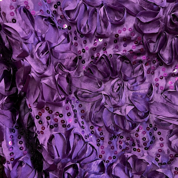 Allie PURPLE 3D Floral Polyester Satin Rosette with Sequins Fabric by the Yard - 10051