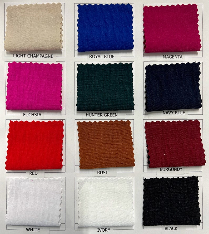 Puede incluir: Carta de muestras con 12 muestras de tela en varios colores, incluyendo champ&aacute;n claro, azul real, magenta, fucsia, verde cazador, azul marino, rojo, &oacute;xido, blanco, marfil y negro.